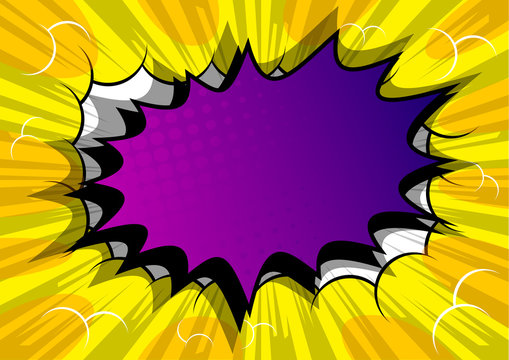 Vector illustrated retro comic book background with big purple explosion bubble, pop art vintage style backdrop.