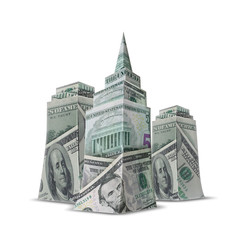 Skyscrapers made of banknotes.
Skyscraper buildings made from one hundred dollar money banknotes, isolated on white background. 3D illustration.