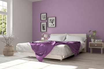 Idea of violet minimalist bedroom. Scandinavian interior design. 3D illustration