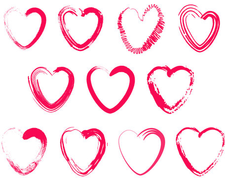 Set of different brush hearts. Isolated objects on white background. Vector