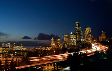 Seattle freeway light trail during blue hour