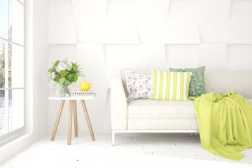 Idea of white minimalist room with sofa. Scandinavian interior design. 3D illustration