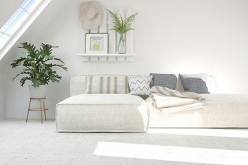 Idea of white minimalist room with sofa. Scandinavian interior design. 3D illustration