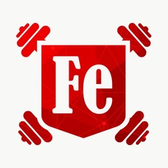 Fe text on shield with dumbbells. Image relative for gym and bodybuilding. Remastered iron chemical element tag. Chemistry in metaphor design. Bodybuilding club emblem. Connected lines with dots