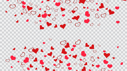 Fototapeta na wymiar Red on Transparent fond Vector. Romantic background. Design element for wallpaper, textiles, packaging, printing, holiday invitation for Valentine's Day. Red hearts of confetti are falling.
