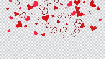 Part of the design of wallpaper, textiles, packaging, printing, holiday invitation for Valentine's Day. Stylish background. Red on Transparent background Vector. Red hearts of confetti are flying.