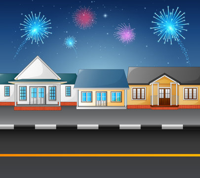 Urban countryside landscape with fireworks in the sky