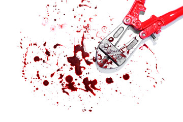 Pliers with blood stains on white background