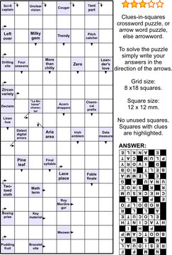 Clues-in-squares crossword puzzle, or arrow word puzzle, else arrowword, or scanword. Real size, answer included.
