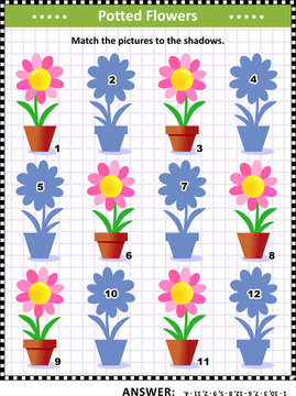 Visual puzzle or picture riddle with potted flowers: Match the pictures to their shadows. Answer included.
