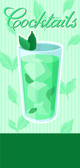 Green cocktail with ice and mint banner, summer drink, cocktail party celebration flyer, invitation or card vector Illustration