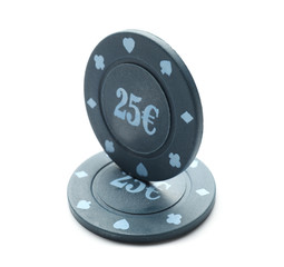 Chips for gambling games in casino on white background