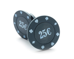 Chips for gambling games in casino on white background
