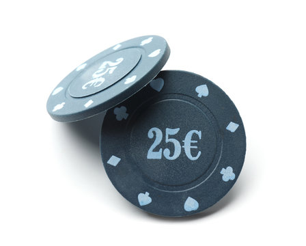 Chips for gambling games in casino on white background