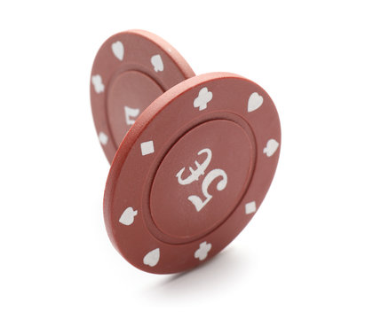 Chips for gambling games in casino on white background