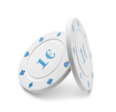 Chips for gambling games in casino on white background