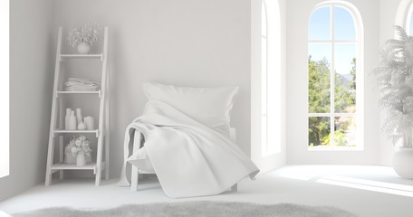 Fototapeta na wymiar White room with armchair and green landscape in window. Scandinavian interior design. 3D illustration