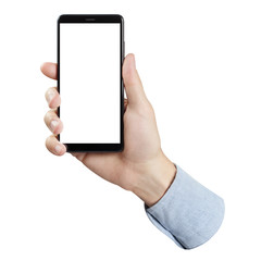 Hand holding black smartphone, isolated on white background
