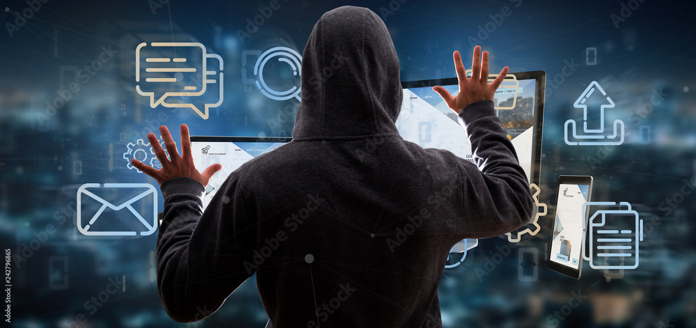 Aufkleber man hacking a devices connected to a cloud multimedia network 3d rendering