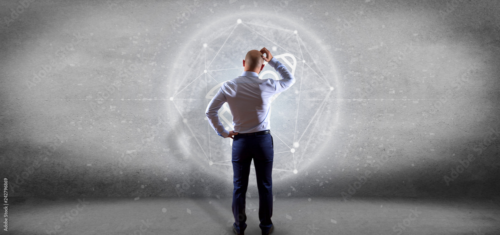 Aufkleber businessman in front of a start up rocket on a sphere 3d rendering