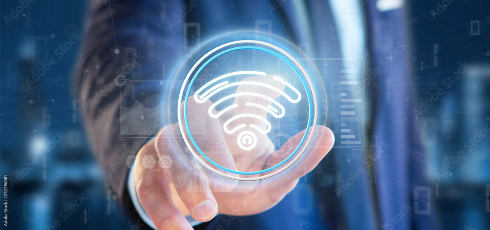 Poster businessman holding wifi icon with stats and binary code 3d rendering