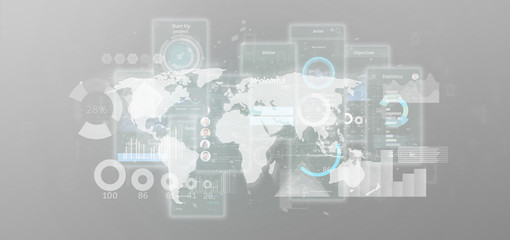 User interface screens with icon, stats and data 3d rendering