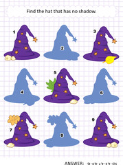Halloween themed visual puzzle or picture riddle with witch's hat: Find the hat that has no shadow. Answer included.
