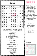 Ballet themed zigzag word search puzzle (suitable both for kids and adults). Answer included.
