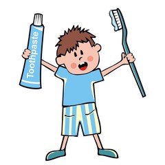 Little boy, toothpaste and toothbrush, vector illustration. Baby at pajamas with toothpaste and blue toothbrush. One person, isolated object. Cute ilustration for Health Advertising.	