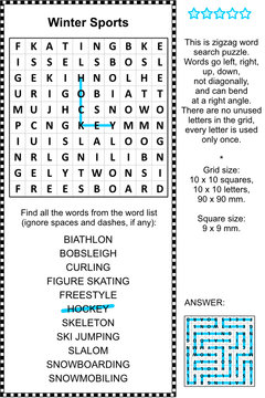 Winter sports themed zigzag word search puzzle (suitable both for kids and adults). Answer included.
