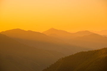 Mountain valley during sunrise. Natural summer landscape