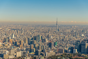 東京スカイツリーと都心の空撮