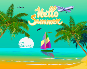 Fototapeta na wymiar Vector Banner Summer vacation and travel design.On the ocean, among palm trees.