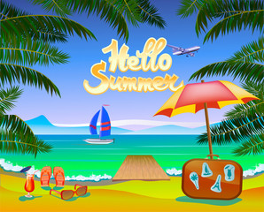 Vector Banner Summer vacation and travel design.On the ocean, among palm trees.