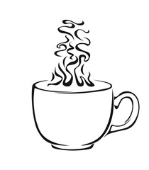 Сup of steaming coffee or tea isolated on white background. Vector simple black and white illustration. Icon.