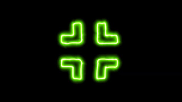 The appearance of the green neon symbol compress. Flicker, In - Out. Alpha channel Premultiplied - Matted with color black