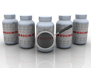 3d illustration Medical bottles with drugs search