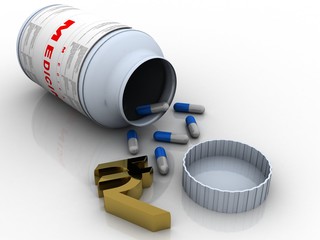 3d illustration Medical bottles with drugs and indian rupee