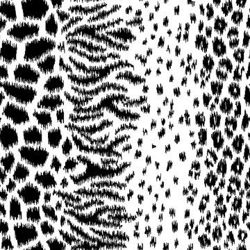 Black and white abstract animal print ikat vector seamless pattern featuring African animals skin