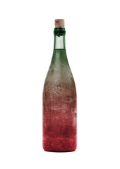 Old bottle of red and green liquid, covered in dust