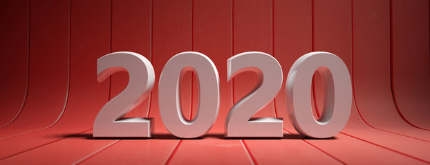 New year 2020, white digits, isolated on red wooden curved background. 3d illustration