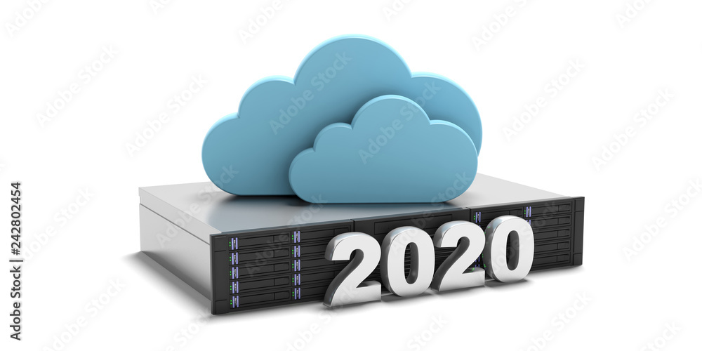 Poster 2020. new year, data storage computing cloud and server isolated on white background. 3d illustratio