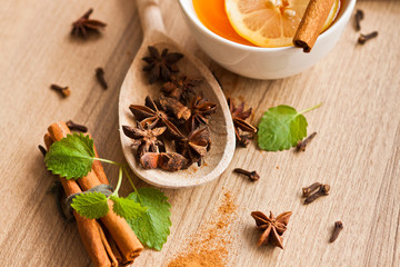 Hot tea with cinnamon stick, star anise and clove.