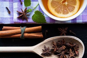 Hot tea with cinnamon stick, star anise and clove.