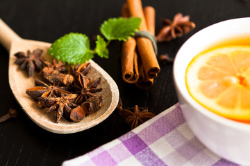 Hot tea with cinnamon stick, star anise and clove.