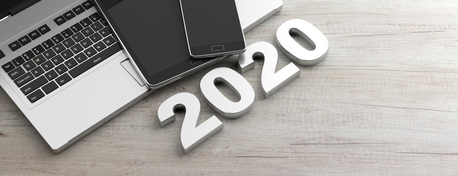 New year 2020 and electronic devices, wooden background, banner, copy space. 3d illustration.