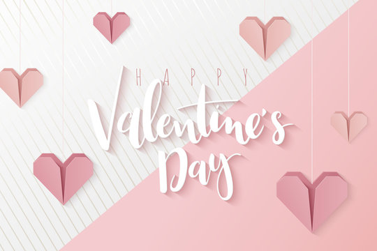 Vector illustration of valentine's day greetings card template with hand lettering label - happy valentine's day - with hanging paper origami heart shapes