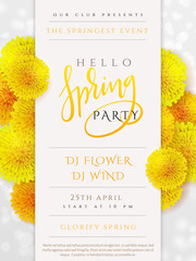 Vector spring party poster with lettering, lilac flowers and doodle branches