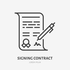 Signing contract flat line icon. Signature sign. Thin linear logo for financial services, document with pen vector illustration