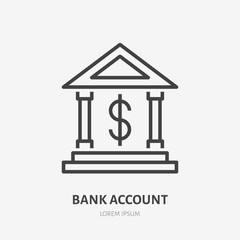 Bank dollar account flat line icon. Finance building exterior sign. Thin linear logo for financial services, loan vector illustration